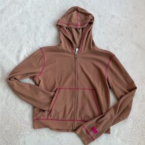 Fabletics Waffle Knit Tan Jacket with Pink Accents